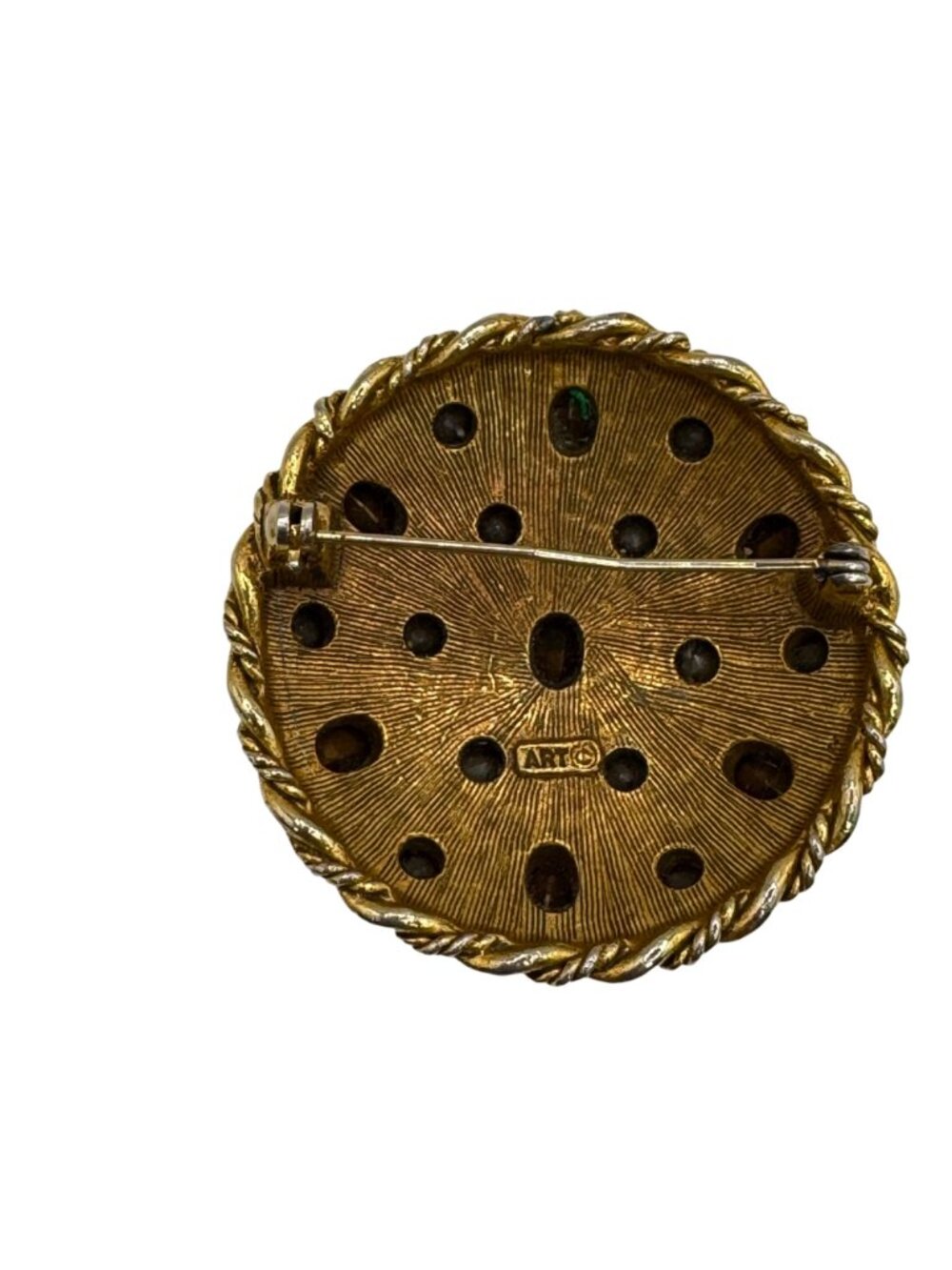 Vintage ART Signed Gold Tone Brooch Multicolor Rhinestones Round Statement 2" - Picture 4 of 11